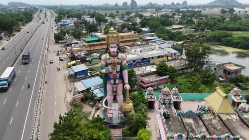 Aerial Shot of Hanuman on Highway to Vijayawada City