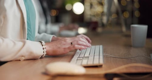 Hands, corporate or woman typing on computer working on email or content research project online