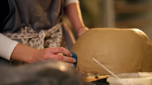 Closeup in Clay Modeling Studio Applied Art Clay Pottery Old Craftsmanship Manual Making of Pottery