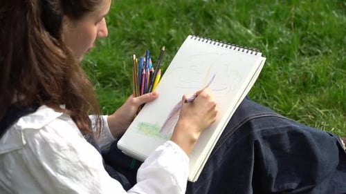 Girl Drawing in Summer Park Relax Lifestyle Portrait