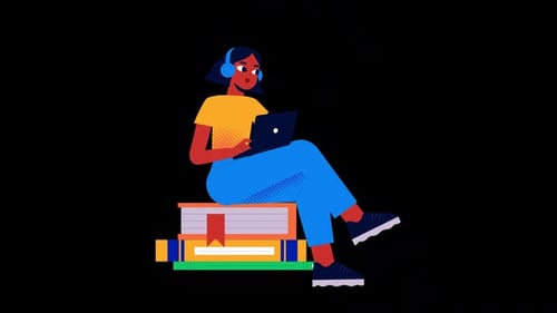 Animated Student Learning Illustration with Laptop and Books