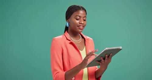 Fashion designer, tablet and black woman in studio for internet connection, typing or networking