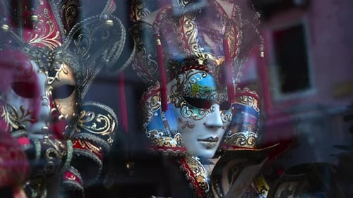 Beautiful decorated Venetian Carnival Masks seen in one of the shops in Venice.