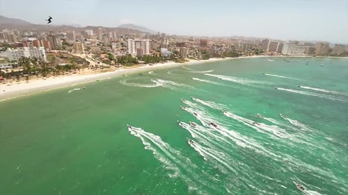 Military maritime defence response invasion simulation, aerial view