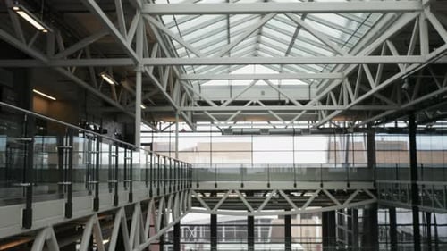 Modern office balcony interior architecture with skylight rack focus