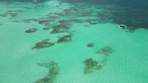 Drone shot of catamarans near the coast of Saona Island at the Dominican Republic.