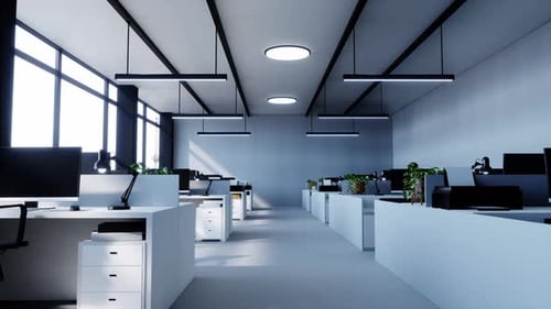 Corner Of Modern Industrial Style Open Space Office, Concrete Floor, Rows Of Computer Tables