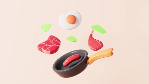 Animated 3D Cooking Ingredients Floating Above Pan