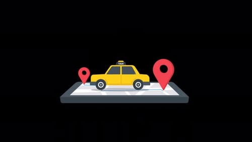 Animated Taxi Car Driving on Map with Location Pins