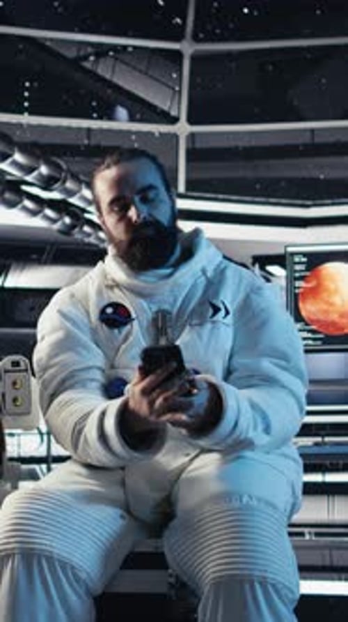 Vertical Video Researchers Flying Together in Starship Looking at Green Screen Monitor