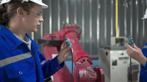 Engineers and technicians working together in a robotic arm factory