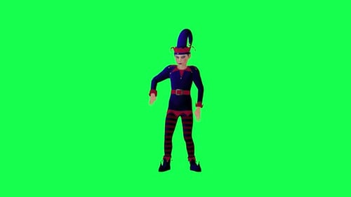 Un elfo payaso en 3D baila en pantalla verde desde un ángulo opuesto