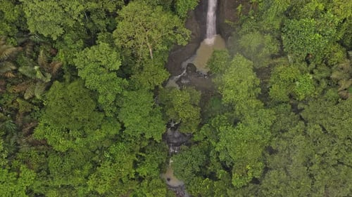 Aerial top down view of waterfall in bali jungle