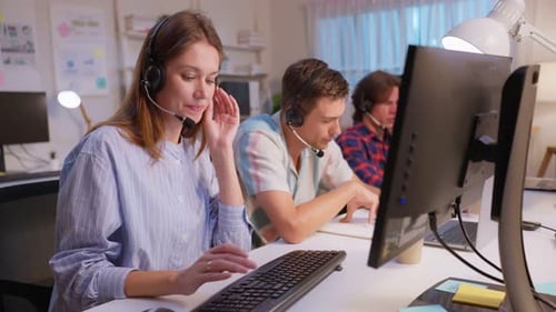 Caucasian businessman and woman call center work in office corporate.