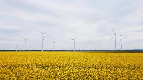 Wind Generators Over Colorful Agricultural Fields Green Energy Development