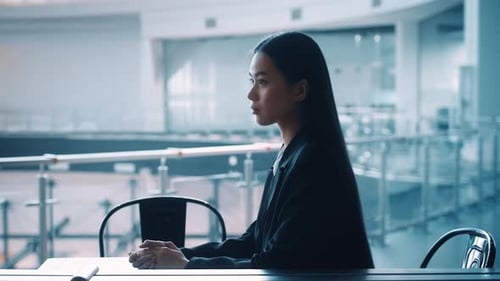 Corporate Manager Seated Calmly in Modern Office Space During Work Hours