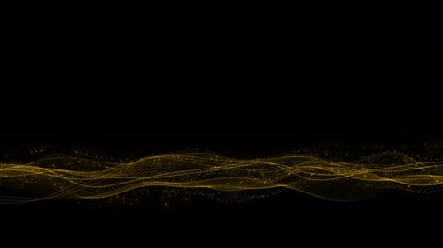 Abstract Golden Particle lines flow across Wave Motion on Dark Background. wave shape filled particl