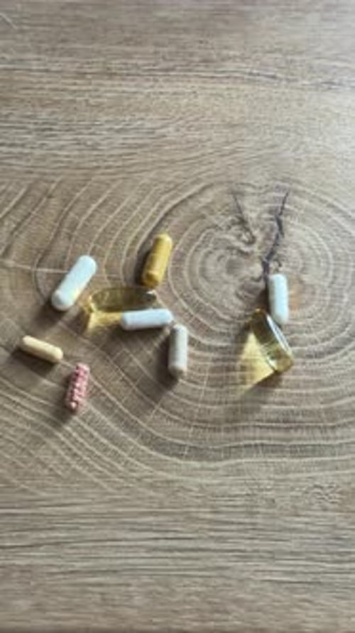 Hand Taking Fish Oil Capsule With Assorted Vitamin Supplements Carnitin Q10 Ashwagandha On Wood