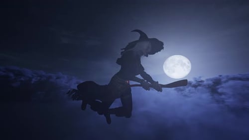 Flying Witch Silhouette on Broomstick Under Full Moon for Halloween
