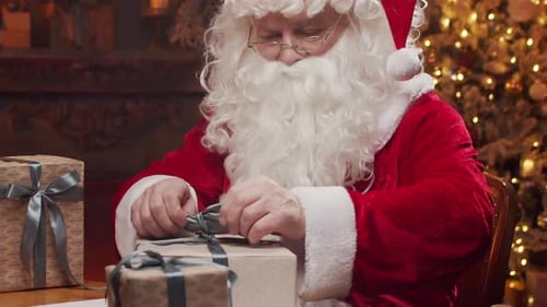 Santa Claus's Workshop Santa is Busy Wrapping a Gift at the Table with a Fireplace and Christmas