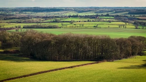 Lush Green Fields and Dense Woodland Stretching Across Rolling Countryside Scenic Countryside and
