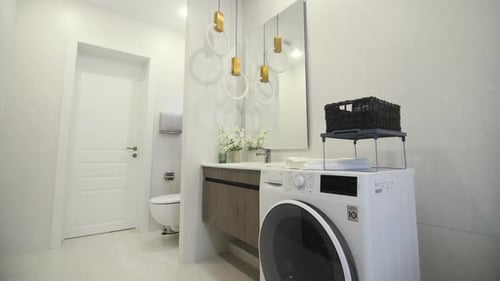 Modern Bathroom Interior with Washing Machine and Sink