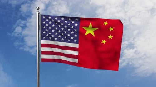 Combined USA and China Flag Waving Animation
