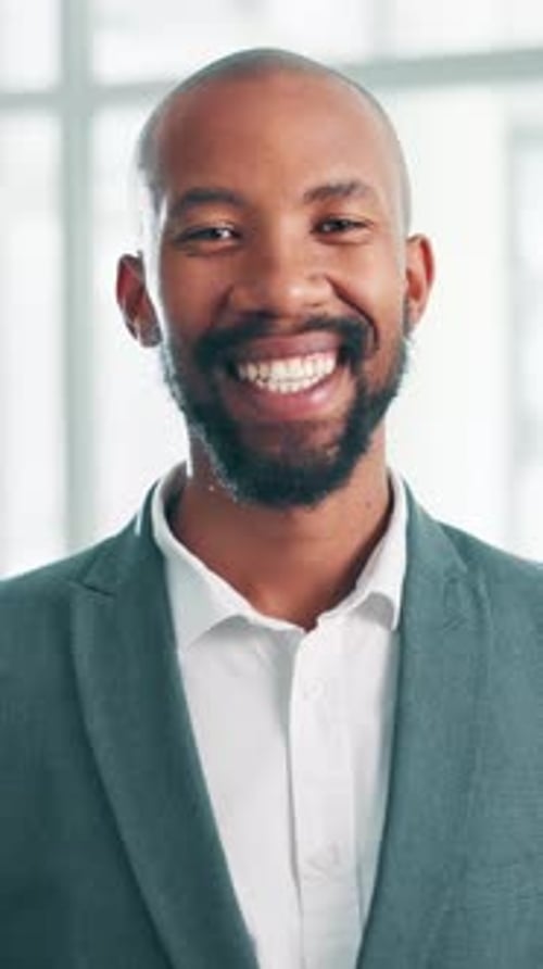 Happy, confident and face of black man in office with finance career growth for business