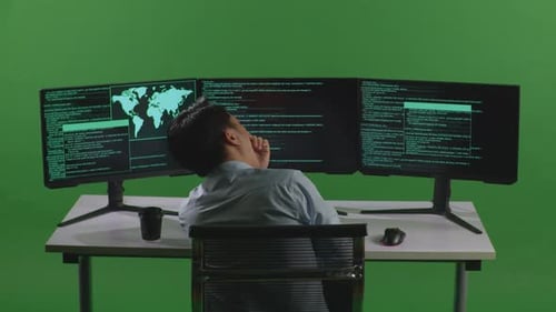 Asian Man Developer Sleeping While Write Code With Multiple Computer Screens In Green Screen