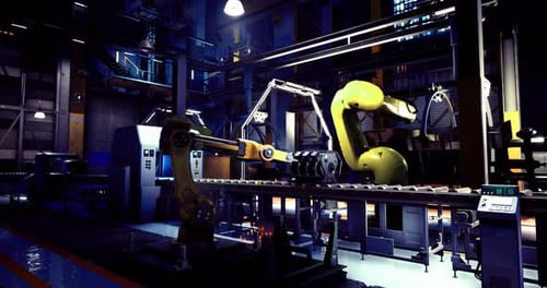 Robotic Arms Welding and Assembling in Modern Factory