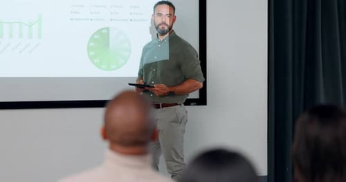 Presentation, business man and hands for question in audience during training workshop