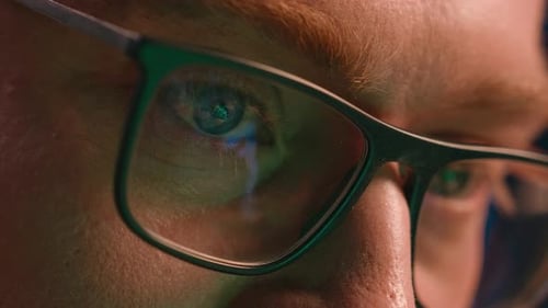 Close Up Male Eyes in Eyeglasses Eyewear Glasses Man Business Guy Businessman Night Gamer Programmer