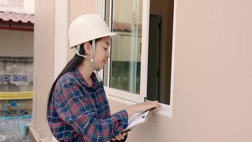 Asian female home inspector, specializes in inspecting recently completed homes, stand and inspect