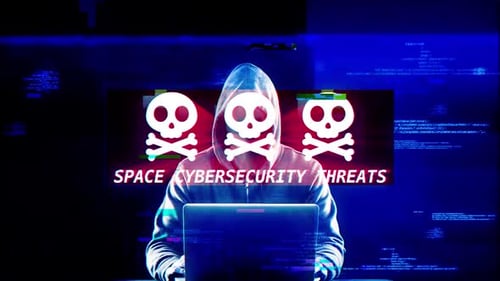 Amenazas a la ciberseguridad espacial en la pantalla digital Mensaje en las pantallas de las computadoras
