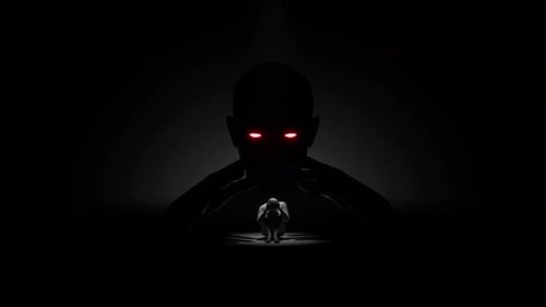 Ominous Abstract Shadow Figure with Red Eyes and Frightened Person