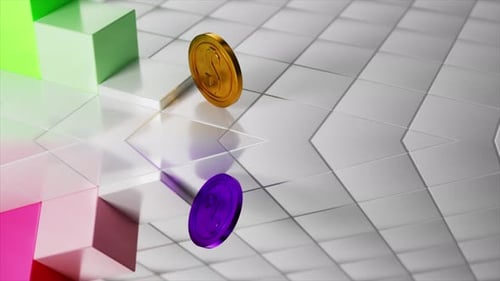 Golden Dollar Coin Rolling Along a Path of Grey Tiles Towards a Colorful Chart Symbolizing Financial