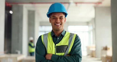 Construction, building and construction worker, man and smile in portrait