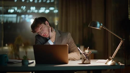 Tired Entrepreneur Working Night Office Closeup Exhausted Manager Rubbing Neck