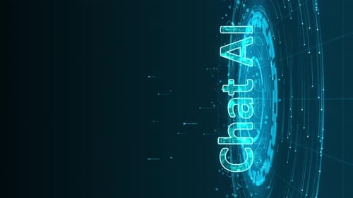 Blue digital chat AI logo with particle ring circle rotation and ai technology icons on futuristic