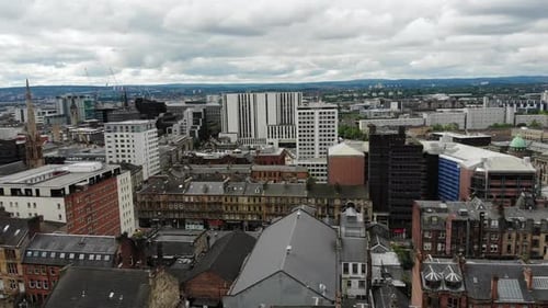 Drone view of Glasgow City center modern buildings from above, Scotland, United Kingdom