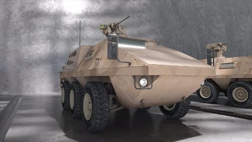 A Closeup View of a Modern Armored Military Vehicle with Desert Camouflage Parked Indoors in a