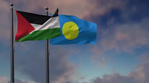 Palestine and Palau Flags Waving on Flagpoles
