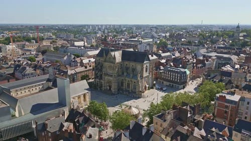 Basilica Saint-Aubin in Place Sainte Anne square and Jacobins convent, Rennes in France. Aerial dron