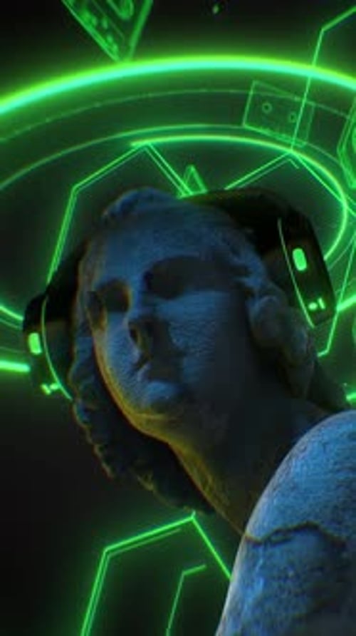 Futuristic Green UI Overlay on Ancient Statue