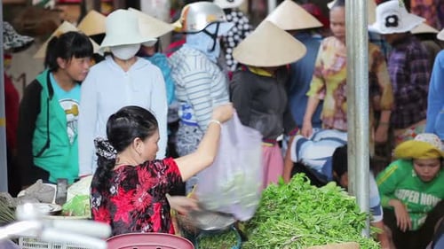 Selling herbs at a local market in nha trang Vietnam on a sunny day