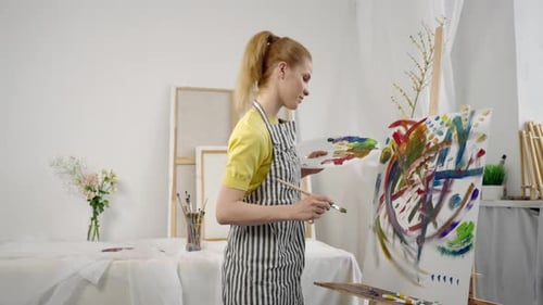 Talented Woman Artist Drawing New Picture in Workshop for Exhibition Fine Art Modern Style of Art