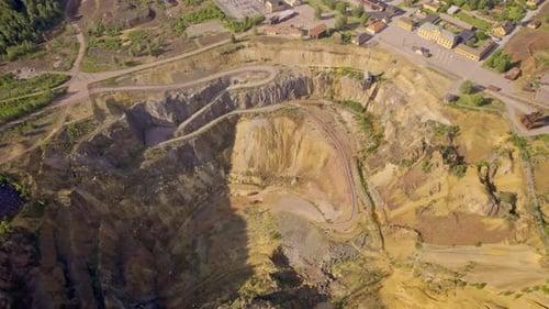 Aerial view of falun mine and structures, Sweden.