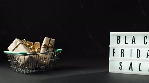 Miniature Shopping Cart with Gifts and Black Friday Sign