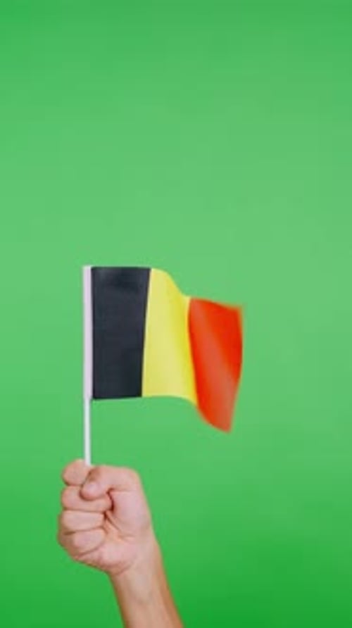 Hand Holding Belgium Flag on Green Background