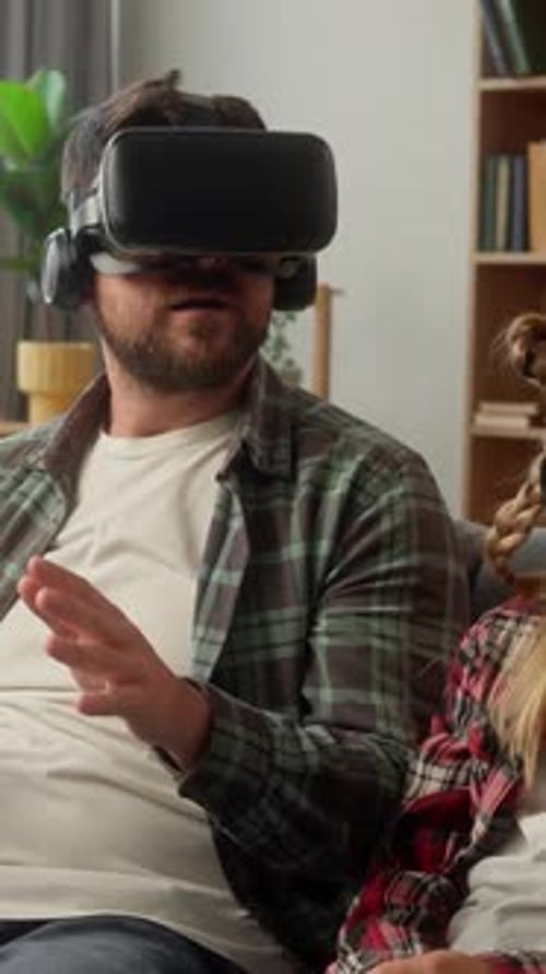 Caucasian Family Dad Daughter Using Vr Virtual Reality Headset Glasses 3d Gaming Man Guy Male Father